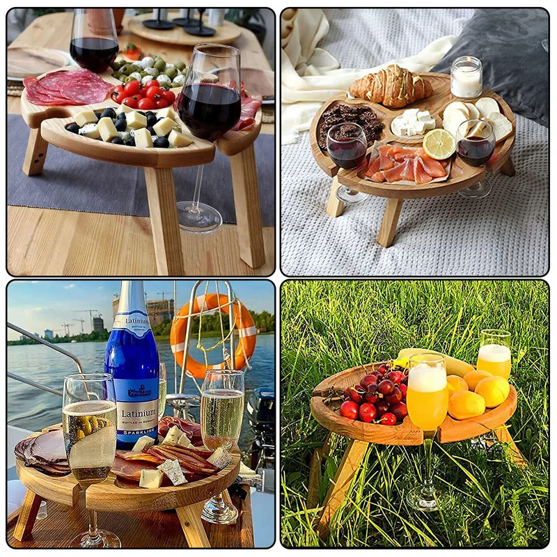 Wooden Outdoor Portable Folding Wine Picnic Table Camping Cheese Board Tray Foldable Snack Table Wine Rack Tourist Fruit Table