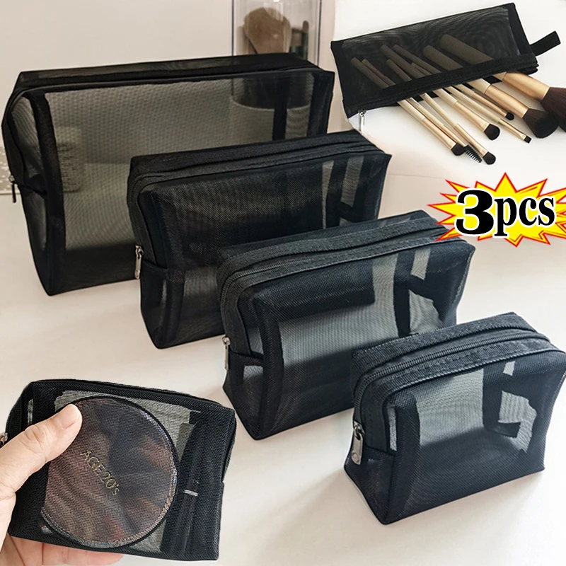 1/3pcs Mesh Clear Cosmetic Bags piccola grande borsa per il trucco nera custodia portatile da viaggio per articoli da toeletta custodia per rossetto