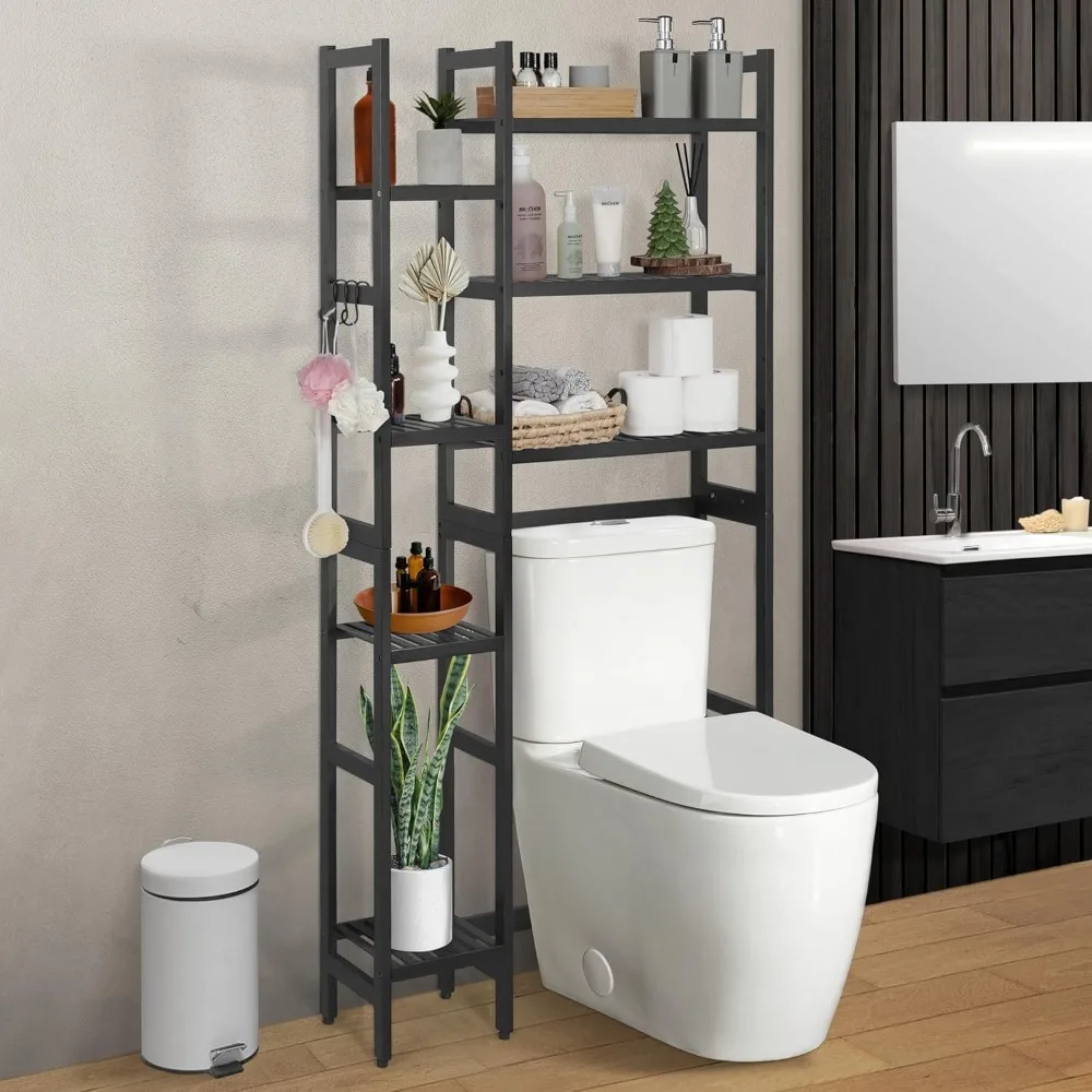 

Over -The -Toilet Storage Shelf,7-Tier Bamboo Bathroom Organizer Shelf Rack Over Toilet with Adjustable Feet & Hooks,