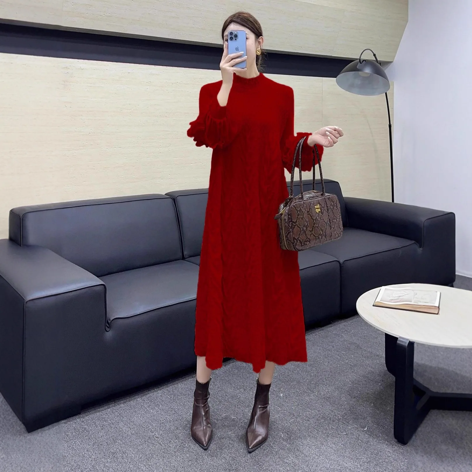 

Miyake Fold 2025 Autumn/Winter New Loose Fashion Dress Embroidered Long Sleeve Half High Collar Medium Length Skirt Pleated