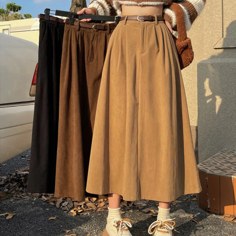 

Vintage Belt Corduroy Midi Skirt Women High Waist Pleated A Line Skirts Autumn Winter Streetwear Korean Casual All Match Skirt