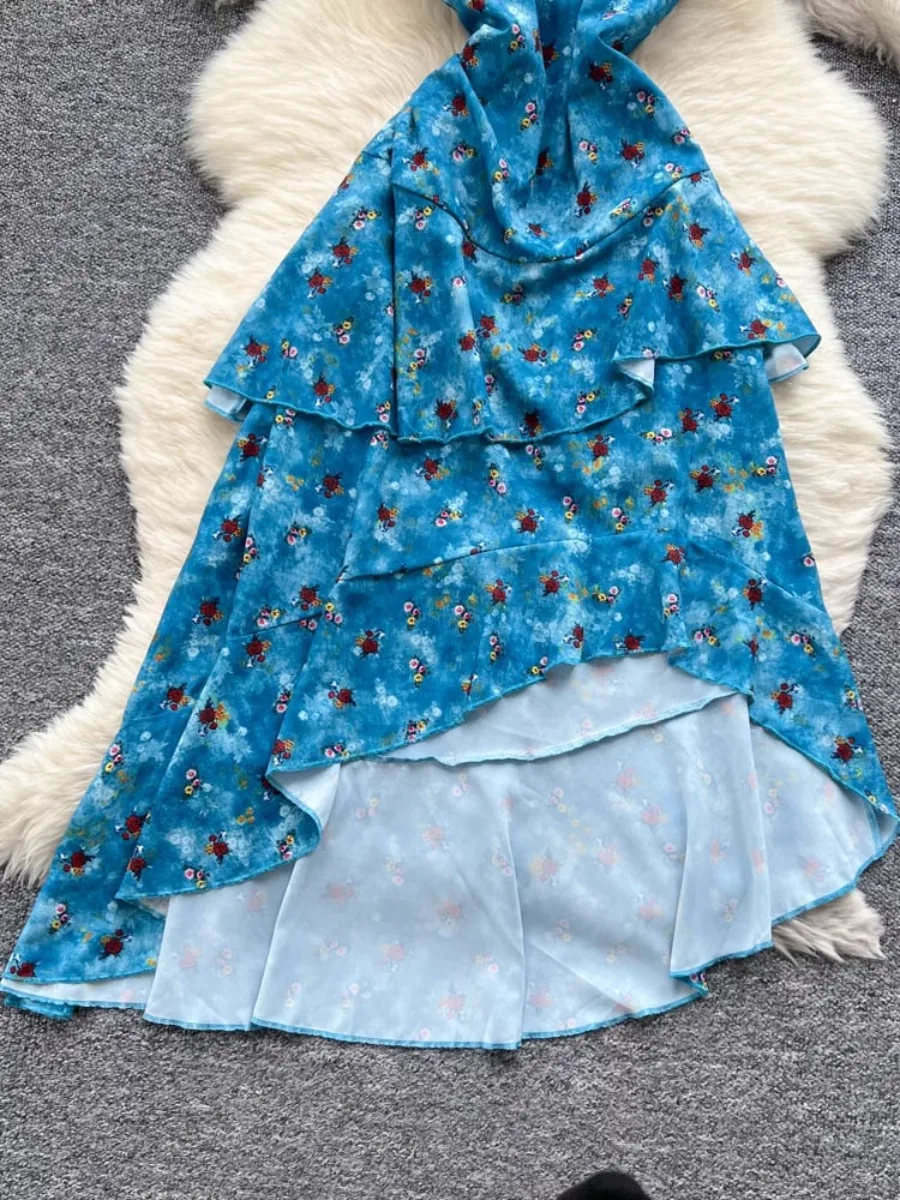 Foamlina Irregular Ruffle Boho Dress Women French Retro Halter Floral Print Cinched Waist Elegant Vacation Dress Trendy Chic