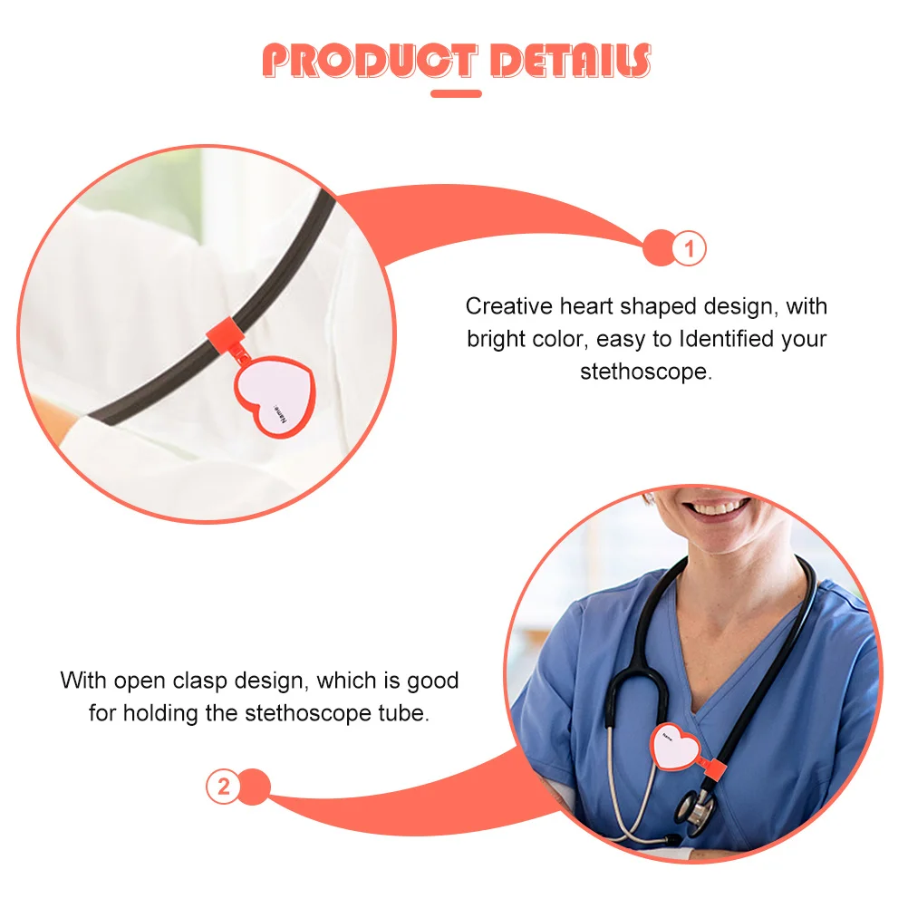 10Pcs Heart Shaped Stethoscope Name Tags Durable Plastic Two Sided Id Marking Clips for Tube Identification Name Tags