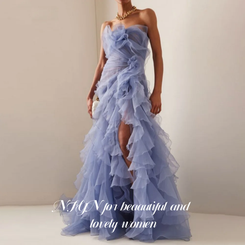 NFYN Blue Elegant Formal Gown 3D-Flowers Sleeveless Prom Dress Side Split Trailing Evening Dresses for Woman 프롬 드레스 Customized