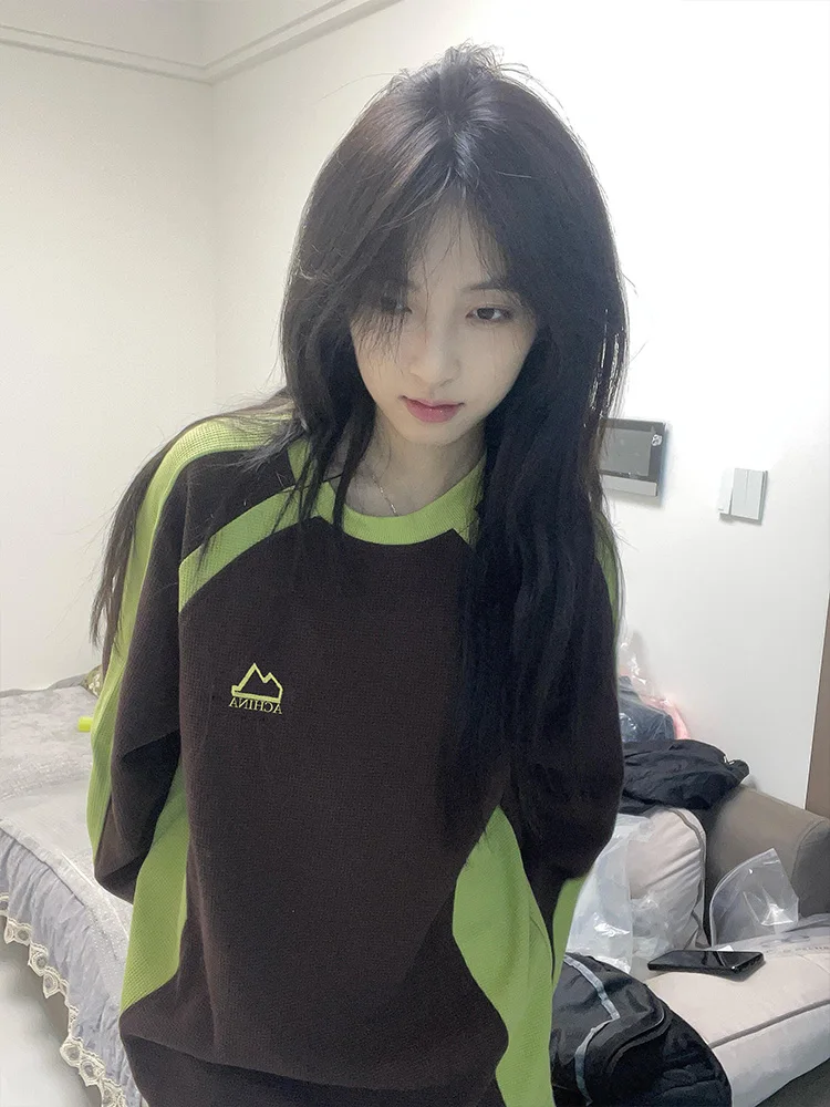 Waffle Knit Sweatshirt No Hat Womens Y2K Clothes 2000S Winter Warm Lined High Street Heavyweight Knitting Stitched Beautiful Ins