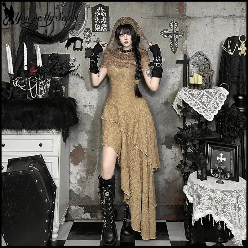Women Retro Khaki Textured Irregular Asymmetric Hem Dress Gothic Hooded Witch Outfits Halloween Dark Academia Club Party Dresses