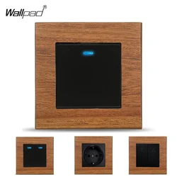 EU Neutral Wood Frame French 1 2 3 Gang with LED Indicator Intermediate Way Reset Doorbell Curtain Momentary On Off Light Switch