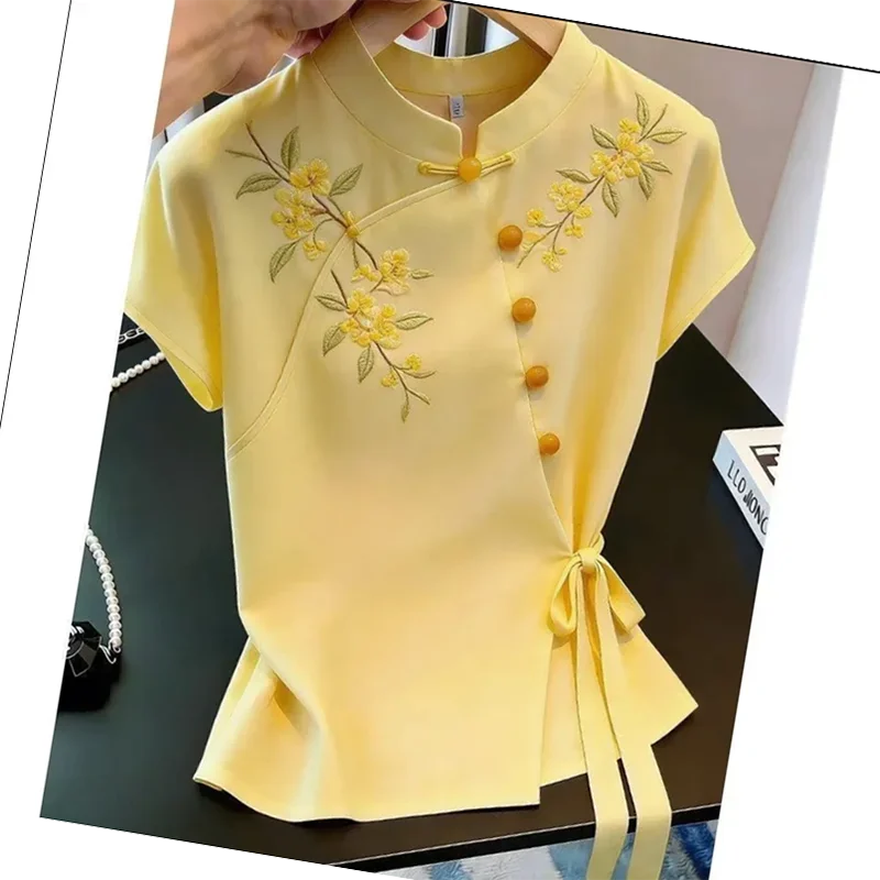 Summer 2026 Women's Slim Fit Shirt Chinese Button Short Sleeve Top Elegance Fashion Luxury Style New Arrival