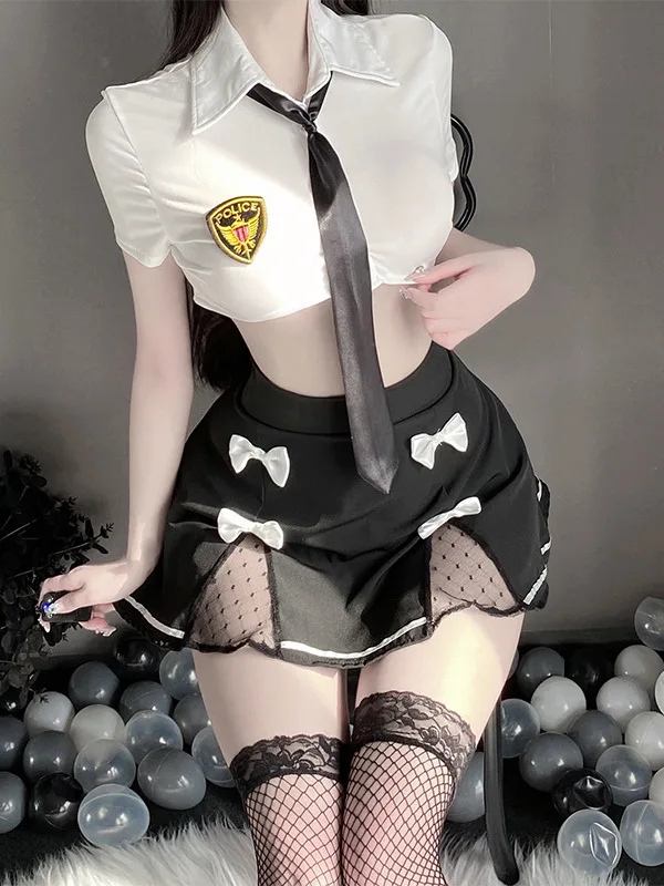 

College White Shirts Crop Top Perspective Black Hook Flower Hollow Bow Pleated Skirt Two Piece Set Cute Outfits For Women THD9
