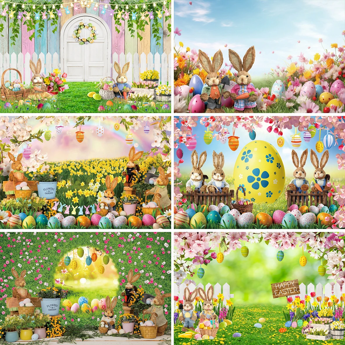 

Happy Easter Day Photography Backdrop Spring Floral Green Grass Bunny Colorful Eggs Wood Fence Kid Portrait Photocall Background