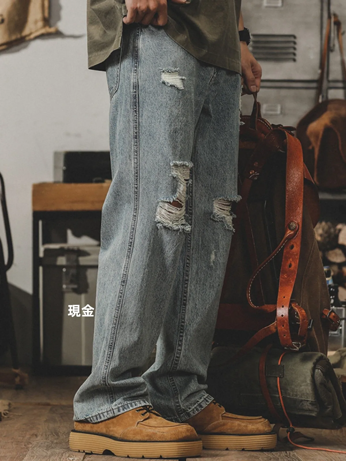 

American Sle Vintage Light Wa Ripped Straight Leg Jeans Men's Loose Casual Trousers Spring Autumn Versatile Wide Leg Pants