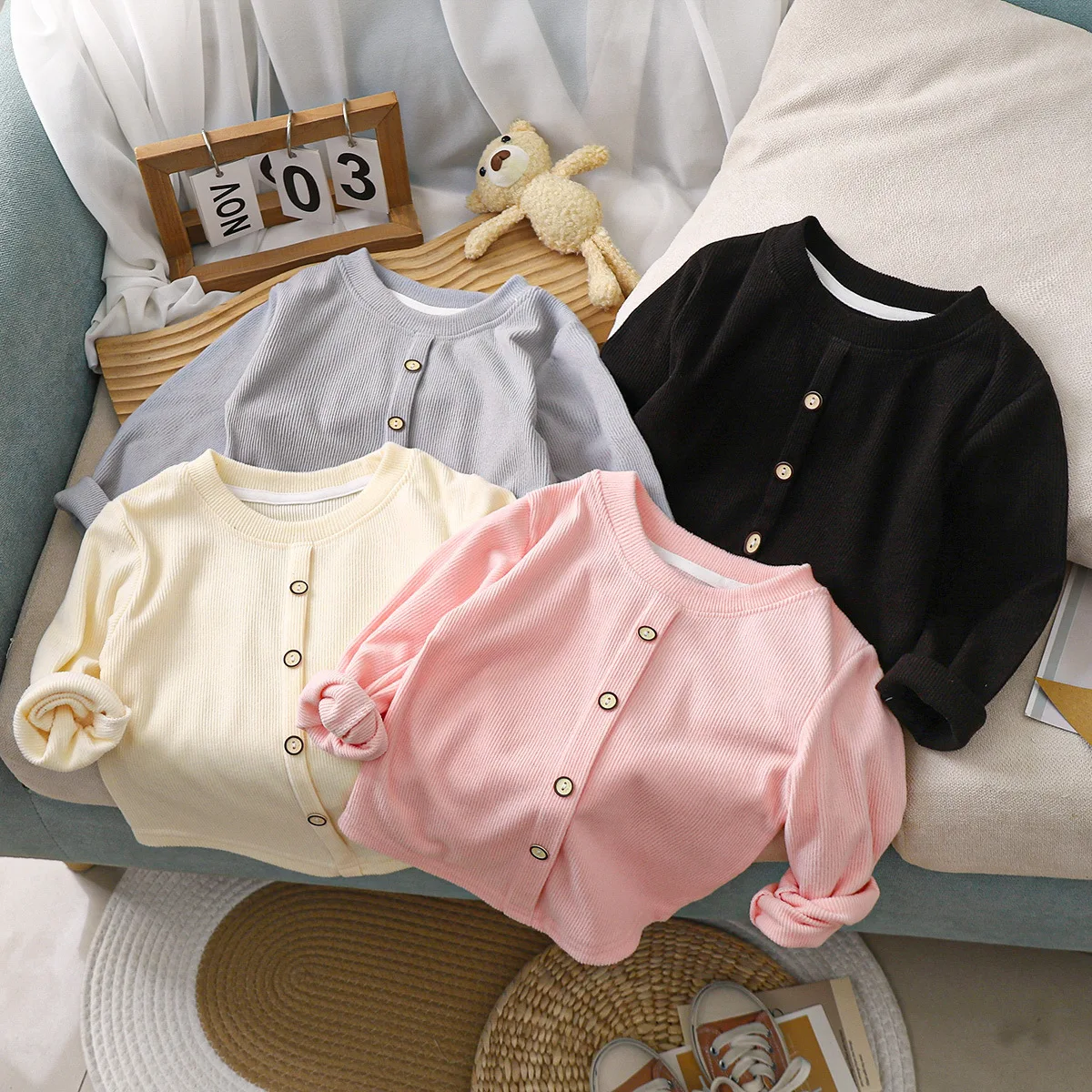 Girls Stripe Knit Long Sleeve Top Sweet Button Thermal Base Shirt Stretchy Warm Undergarment Versatile For Daily Casual Clothing
