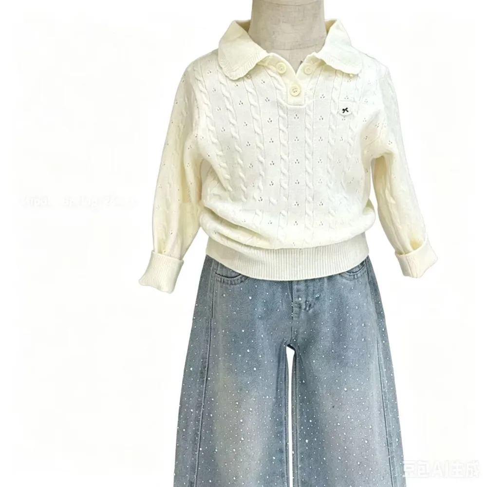 Girls' Spring and Autumn Set Fashion Academy Style Children's Doll Neck Knitted Shirt+Hot Drilled Casual Straight Pants 2 Pcs