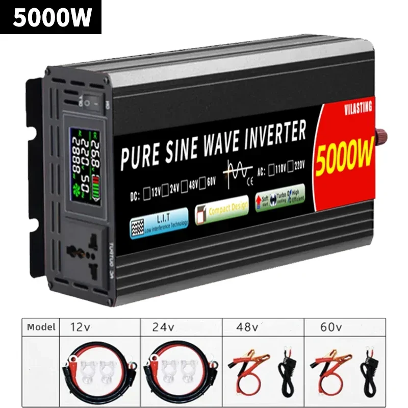 Pure Sine Wave Inverter 5000W 4000W 3000W 2000W 12v/24v 110v/220v DC To AC 50/60HZ Power Converter Portable Power Inverter LCD