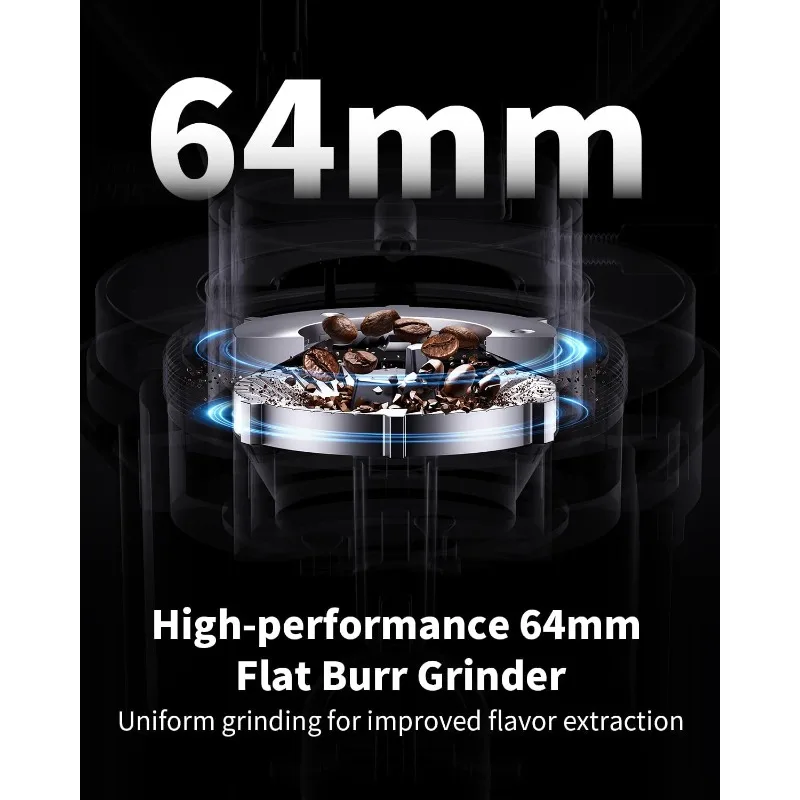 مطحنة قهوة احترافية مقاس 64 مم مع 100 إعداد للطحن وغرفة معدنية بالكامل، مطحنة حبوب القهوة مع قابلة للتعديل