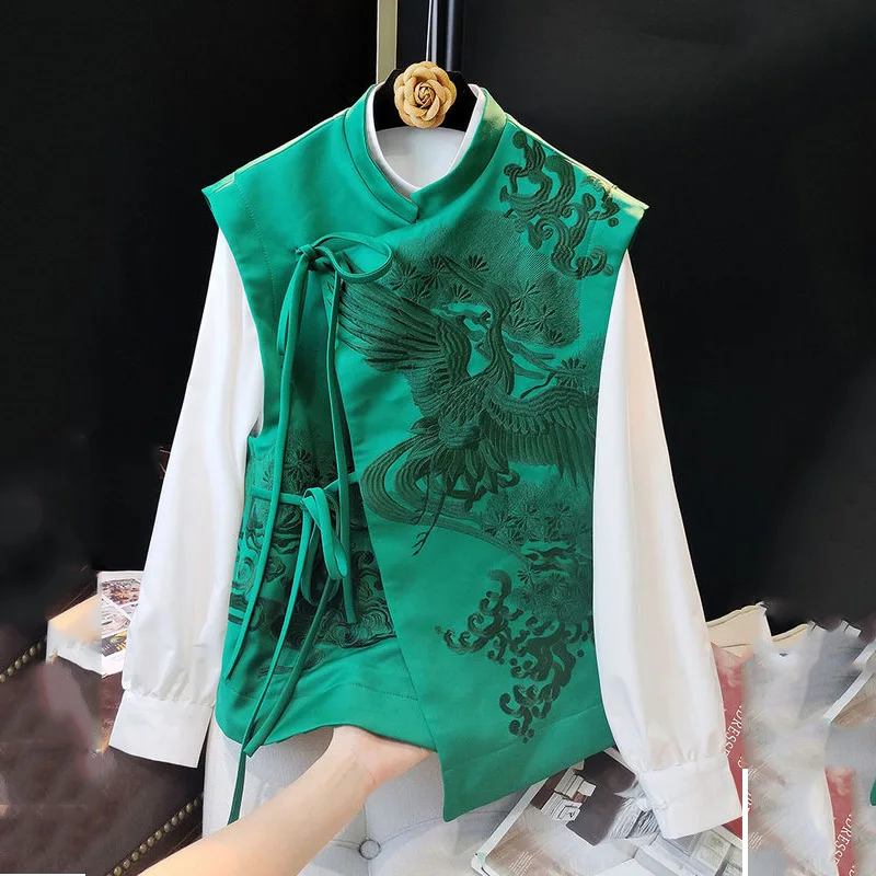 

Green Chinese Stand Collar Vest Jacket Women's 2022 Spring New Design Irregular Belt Retro Embroidered Lady Top S-XXL