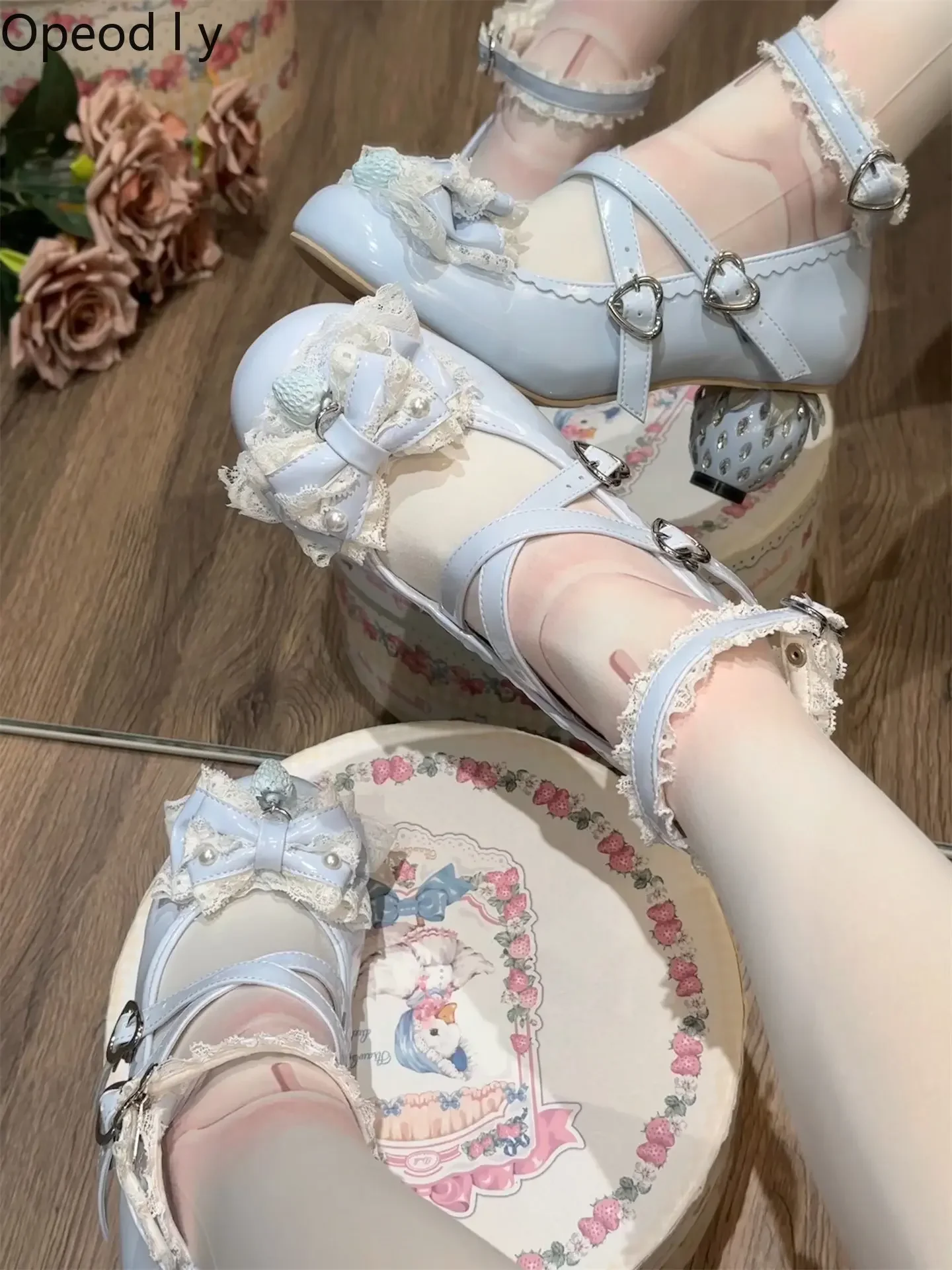 Original Lolita Sweet Mary Jane Shoes Cute Round Head Strawberry Heel Kawaii Princess High Heels Spring and Summer New