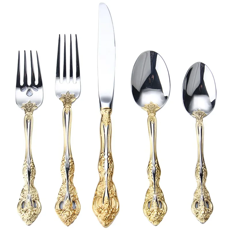 5-piece Set of 304 Stainless Steel Knife Fork and Spoon Retro Gold-plated Cutlery Set Steak Knife and Fork Gold Silverware Set