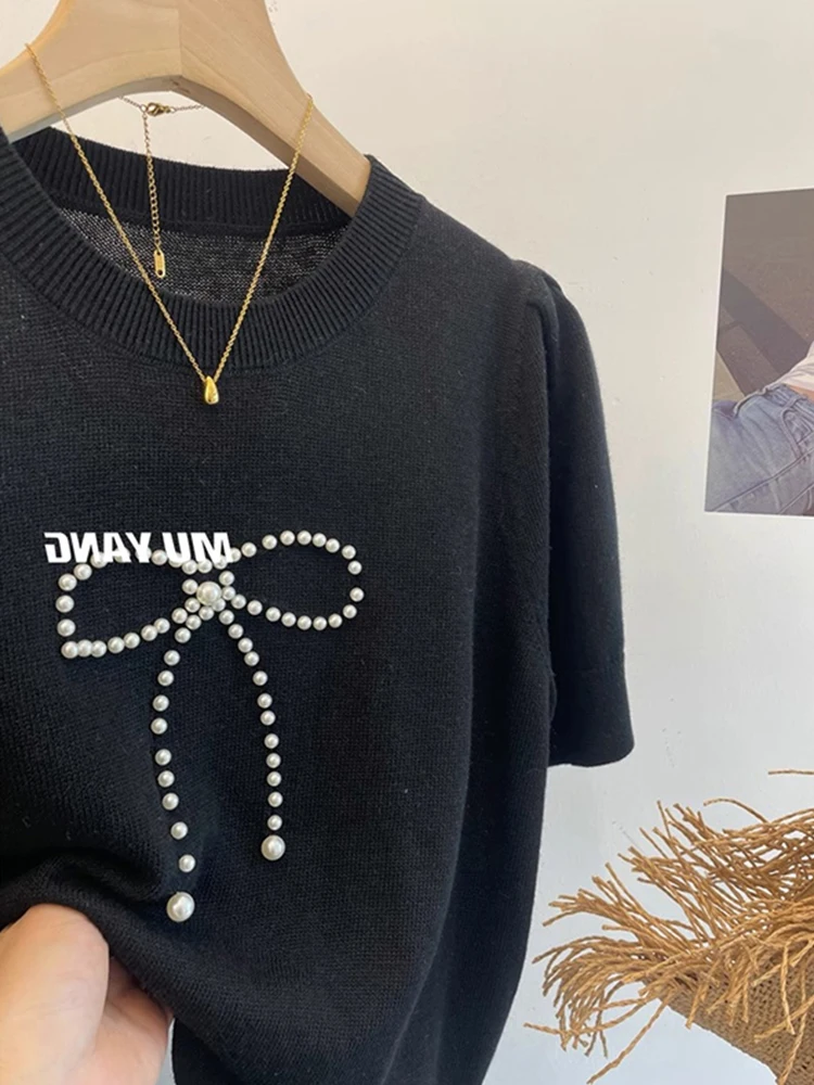 

Faionable High-End Feeling Beaded Knot Ice Silk Knitted Summer Soft Slim ort Sve T-irt Overhead Top