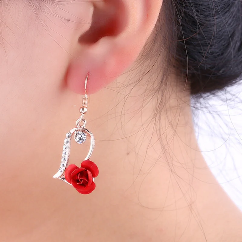Women's Vintage Rhinestone Red Rose Drop Earrings