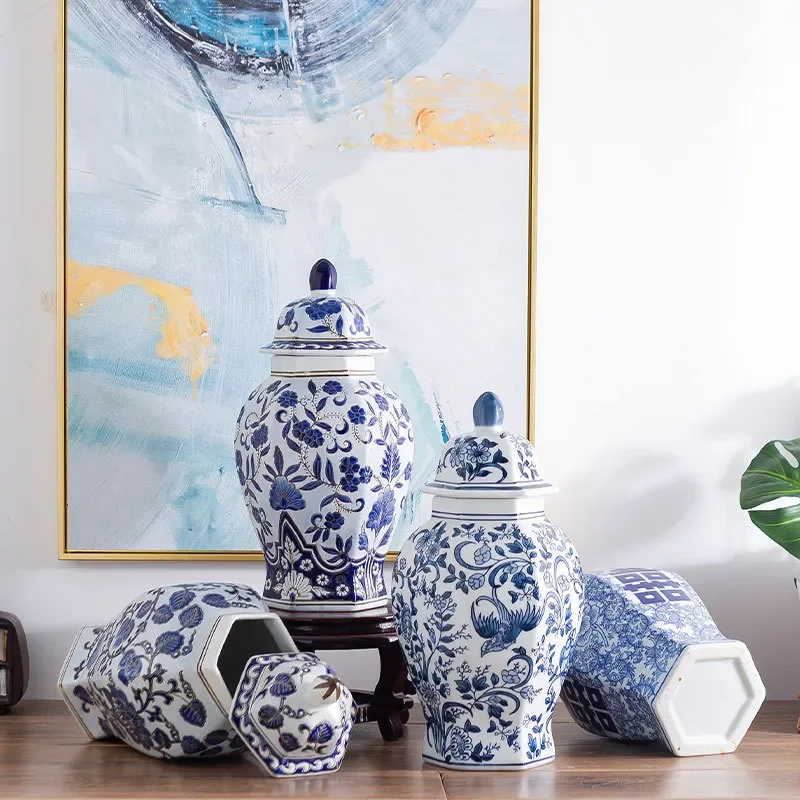 Blue and White Porcelain Hexagonal Dried Flower Vase Jingdezhen Ceramic Chinese Style TV Cabinet Home Decoration Handicraft