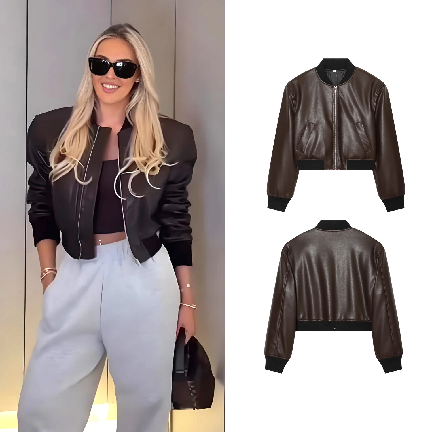 Vintage PU Leather Cropped Padded Jacket Women Ribbed Trim Zipper Front Pocket Design Slim Fit Fall Winter Parkas Outerwear