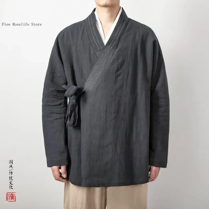 Autumn and Winter Chinese Style Cotton Linen Linen Retro Trend Han Dynasty Medium Long Cotton Linen Road Robe Jacket for Men