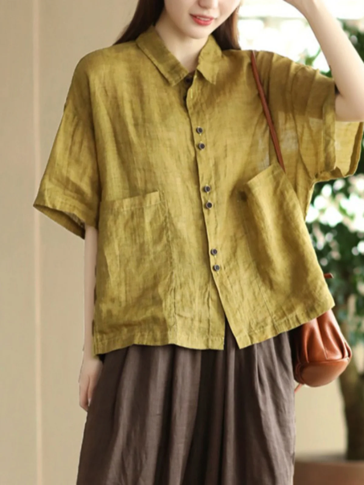 

Retro Cotton Linen ort Sve irt Women Loose Lightweight Single Buttoned Top Pure Color Commute Sle Regular Length