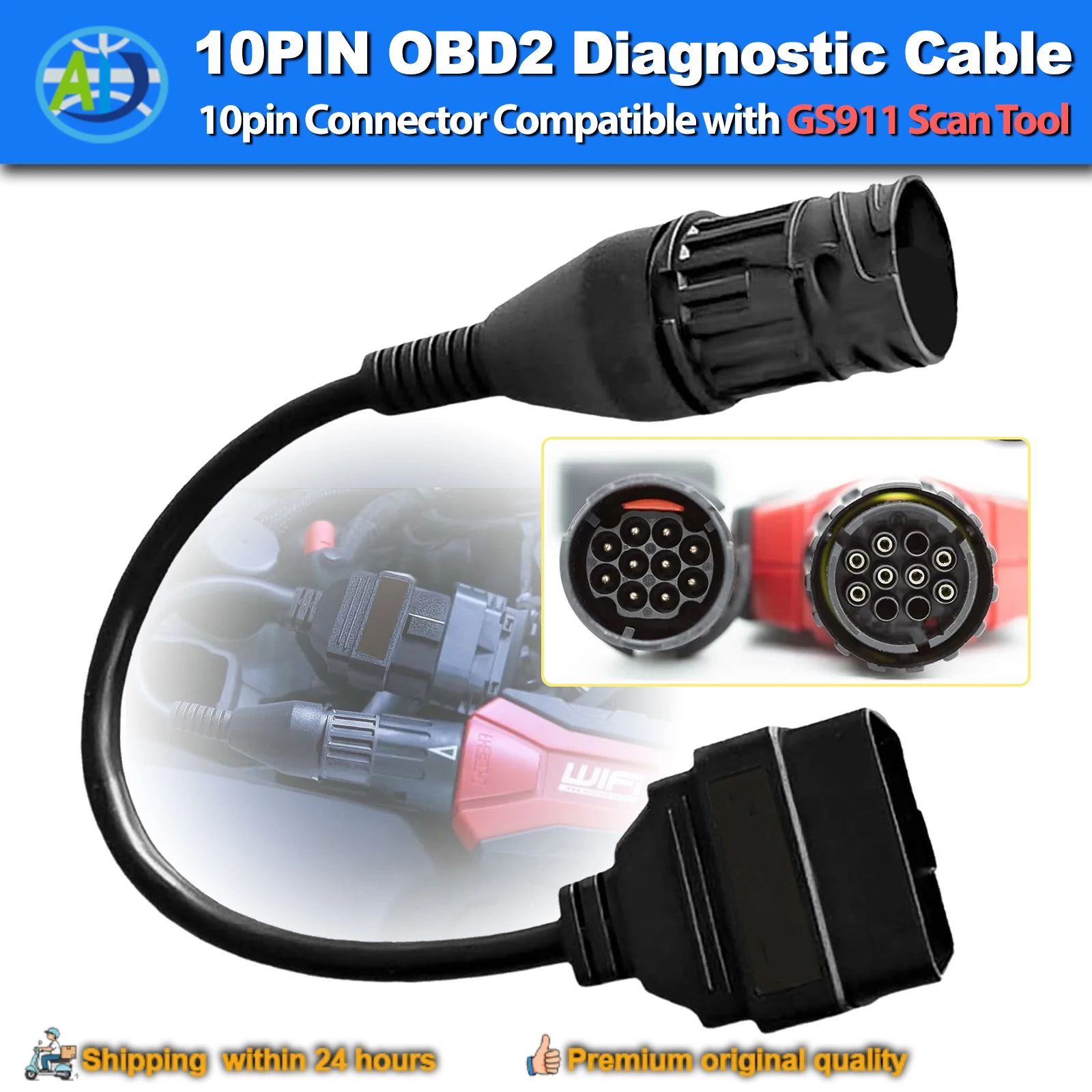 10PIN OBD2 Diagnostic Cable for GS-911 Scan Tool 10PIN Female Connector to 16PIN OBDII Diagnostic Adapter Cable