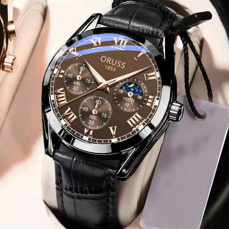 ORUSS Luxury Men\'s Quartz Watch Roman Dial Luminous Hands Waterproof And Comfortable Leather Strap High-Quality Men\'s Watches
