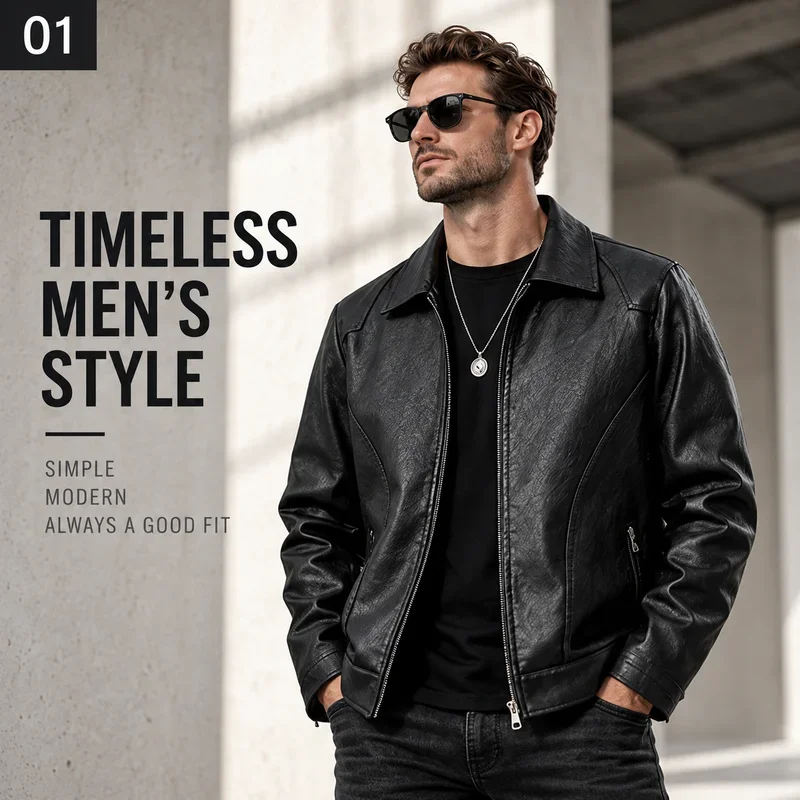 Men's Leather Jacket Classic Shirt Collar Full Zip Two Side Zipper Pockets Long Sleeve Straight Hem Business Casual Style