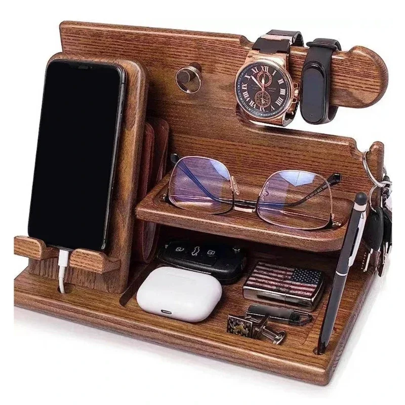 Wooden Bedside  Wood Phone Docking Station  Holder Wallet Stand Watch Storage Rack Valentines Multifunctional