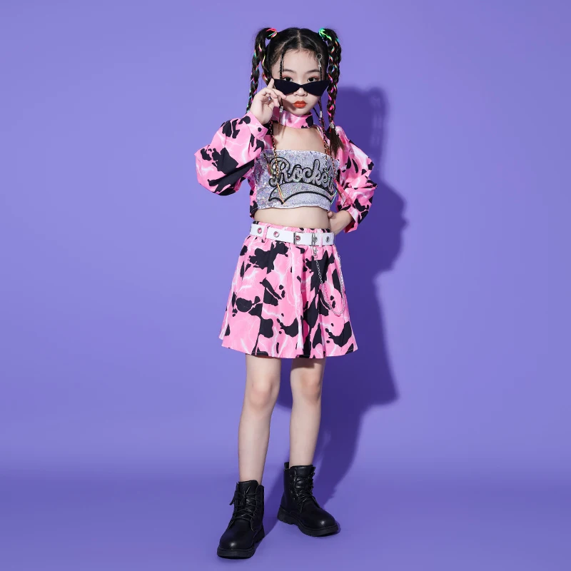 Kinder Tiener Hiphop Kleding Roze Print Lovertjes Rug Rits Crop Top Mini Rok Voor Meisje Jazz Dans Kostuum Rave Kleding Set