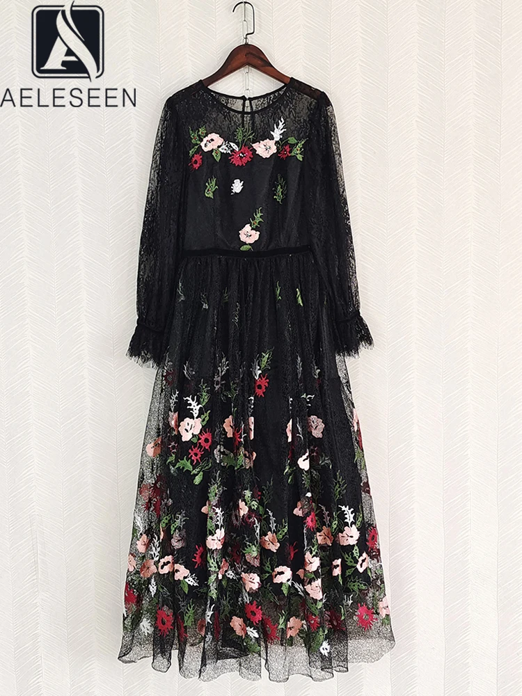 

AELESEEN High Quality Black Lace Dress Women Spring Summer Colorful Flower Embroidery Velvet Patchwork Elegant Long Party