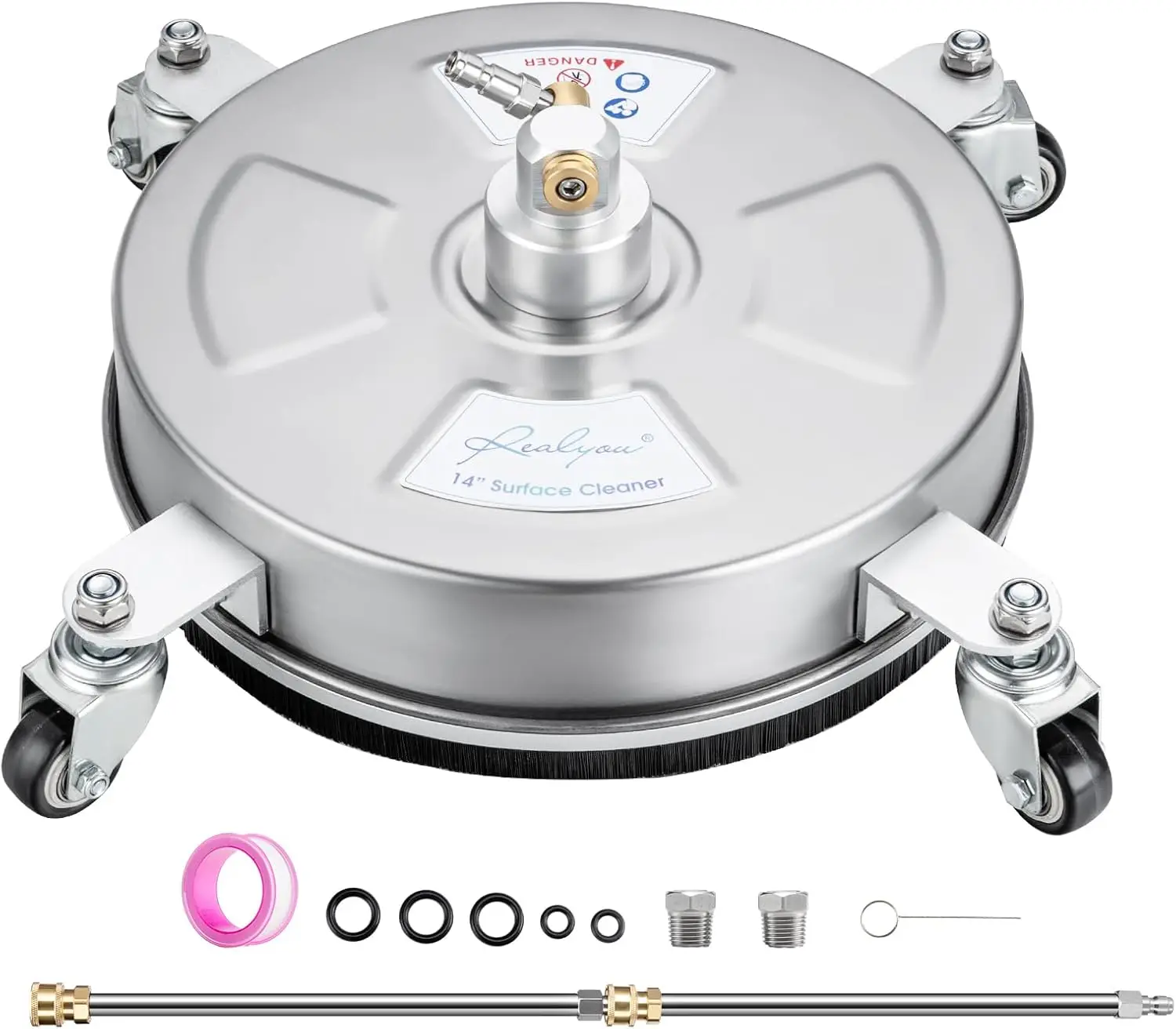 منظف أسطح غسالة الضغط مقاس 14 بوصة مع 4 عجلات، من الفولاذ المقاوم للصدأ للخرسانة والفناء والسطح والممر