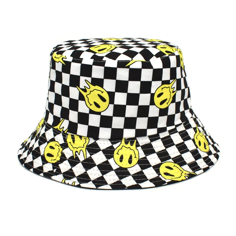Bocca Smile Face Bucket Hat Plaid Panama Fisherman Hats Women Men Yellow Face Cartoon Bob Cap Hip Hop Foldable Sun Outdoor Caps