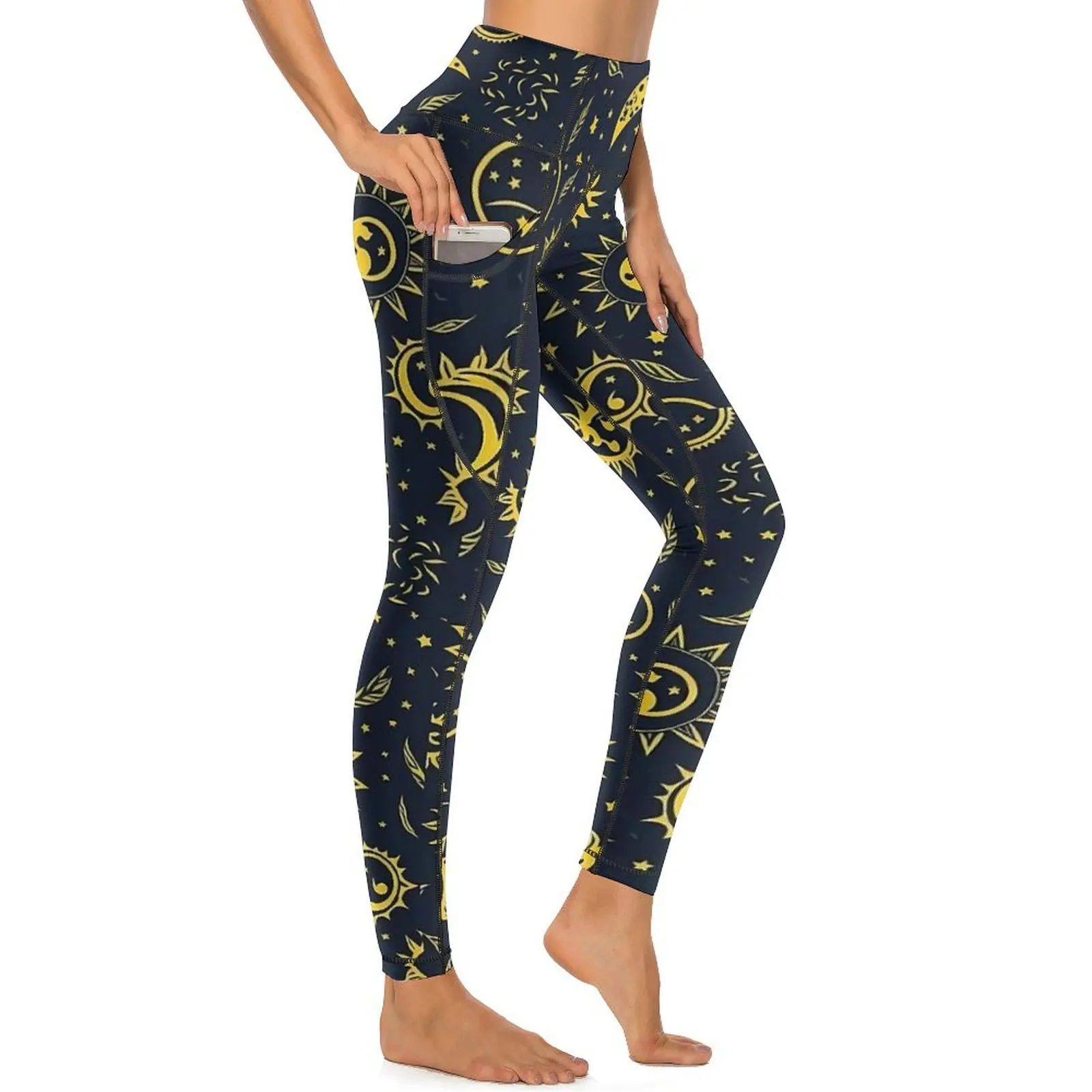 Leggings de yoga sexy à poches sur le thème du soleil et de la lune, leggings push-up, collants de sport élégants, design extensible, leggings de fitness cool