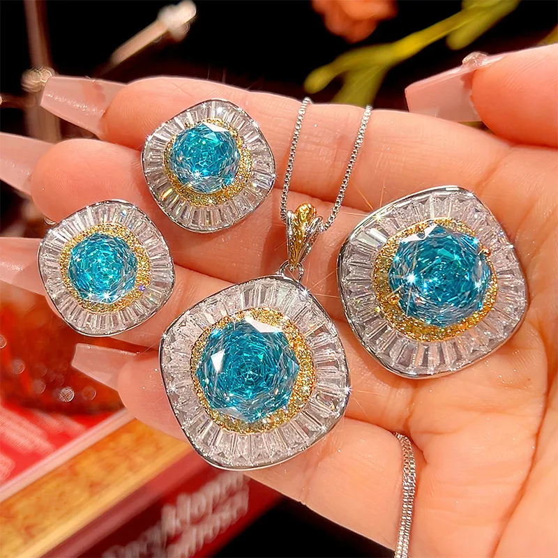 

New Autumn/Winter Jewelry Set: Gold-plated Rose Cut Sea Blue Elegant Light Luxury Set for Women 14-10mm