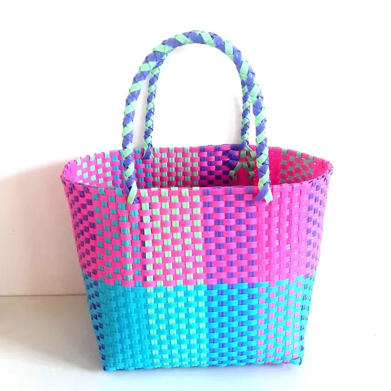 

Ladies Handwoven Handbag Large Capacity Open Top Shopping Vegetable Basket Macaron Color Splicing Shoulder Bag