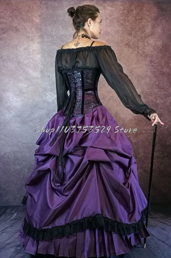 Classic Black Purple Gothic Wedding Dresses Simple Tulle Pleated Lace-up Corset Ruffled Steampunk Victorian Bridal Party Dresses