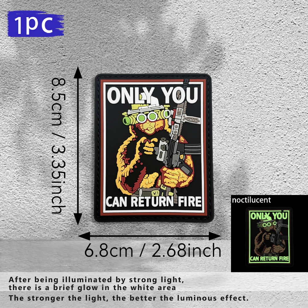 Specifications Available: 1Pc/2Pcs/3Pcs 2D Flat Pvc Rubber Armband Tactical Gorilla Glow-In-The-Dark Patch with a Printed Text on the Backside That Says Only You Can Return Fire, Tactical Gorilla Design with Built-In Glow-In-The-Dark Effect, Size 8.5Cm×6.8Cm, Waterproof and Flexible Pvc Material Suitable for Tactical Backpacks and Functional Jackets