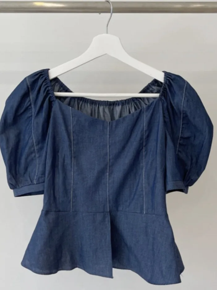 Retro Sle Women's Denim irt Summer New Waist-Cinching Slim ort Sve One-oulder Top Floral Lace Trim Commute Sle