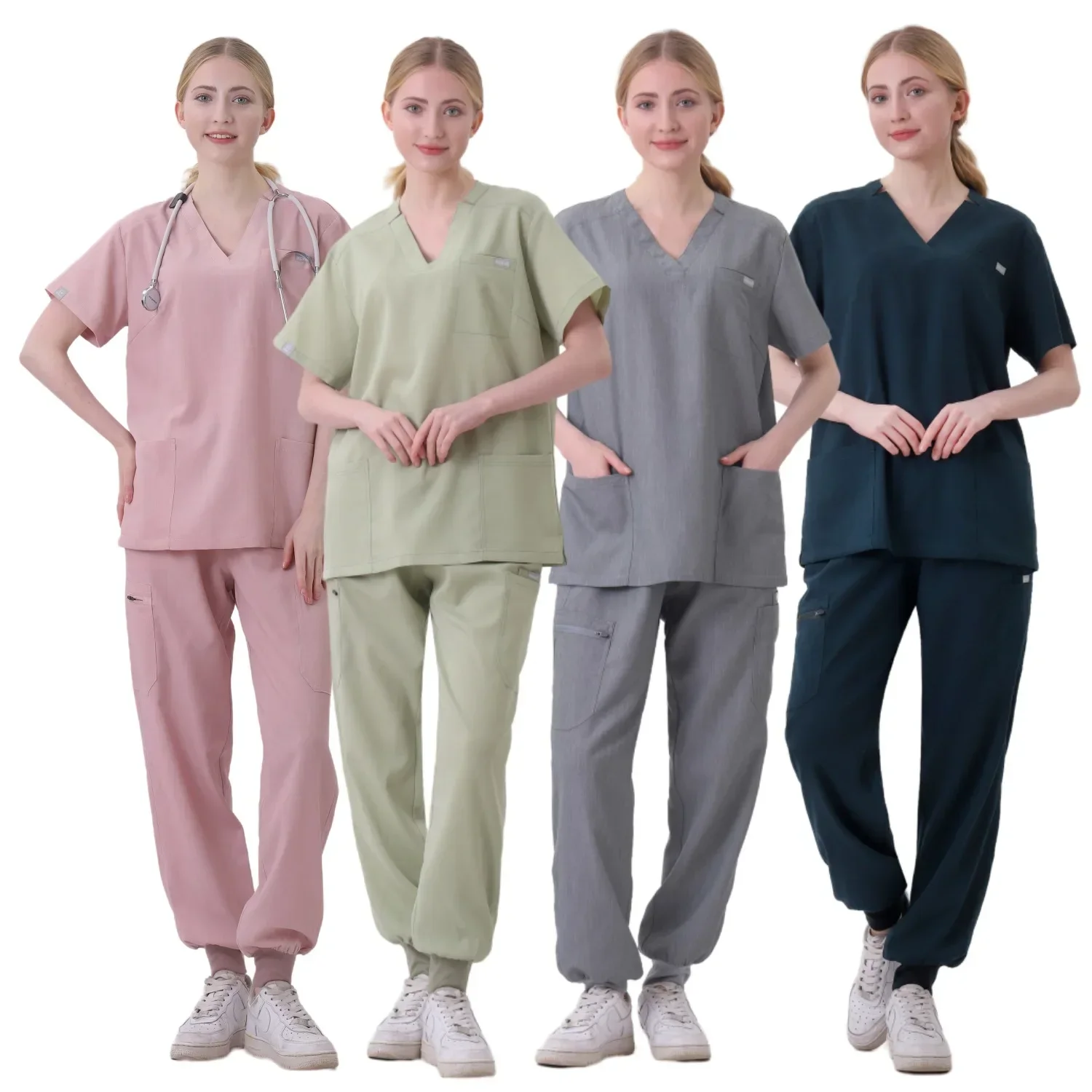 Hospital Doctor Nursing Uniform Women Wholesale Casual Short Sleeved V-neck Jogger Suits Nurse Pharmacy Working Medical Uniforms