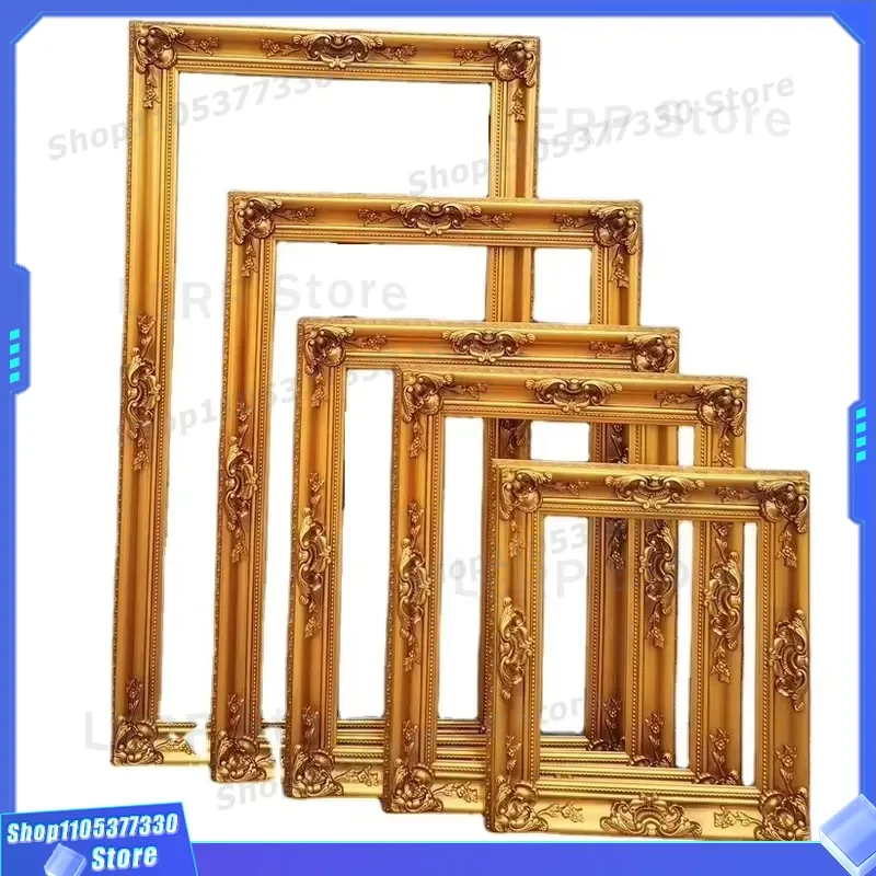 Large Solid Wood Photo Frame Handmade Retro European Style Golden Horn Flower Decorative Mirror for Oil Painting Eco Friendly