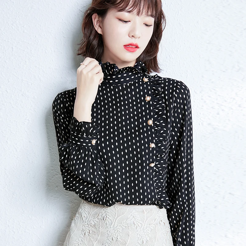 

Women Tops Long Sleeve Turtleneck Spliced Black Dot Blouse Spring Autumn Office Lady Vintage Elegant Casual Slim Shirt B1019