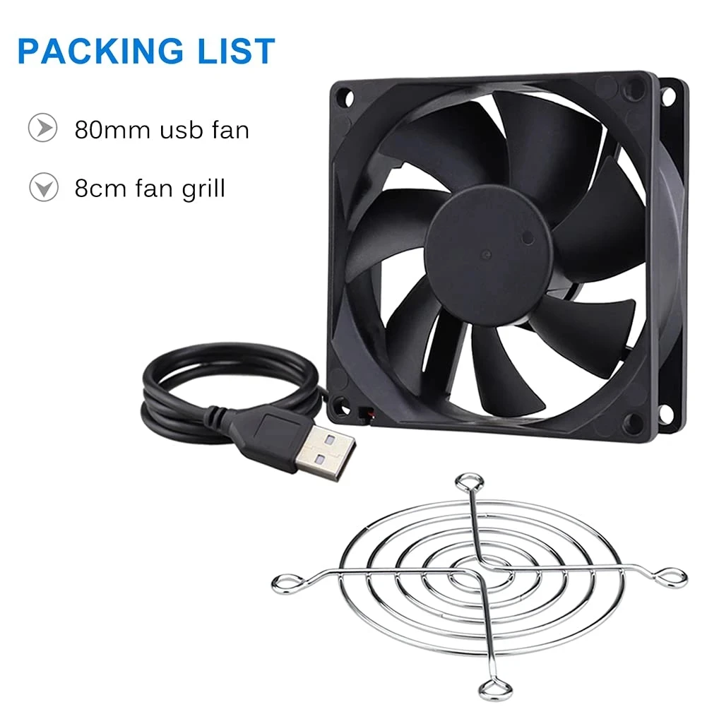 USB Fan 80x80x25mm DC 5V 80mm 8025 Brushless Computer Case Cooling Fan with Metal Grill
