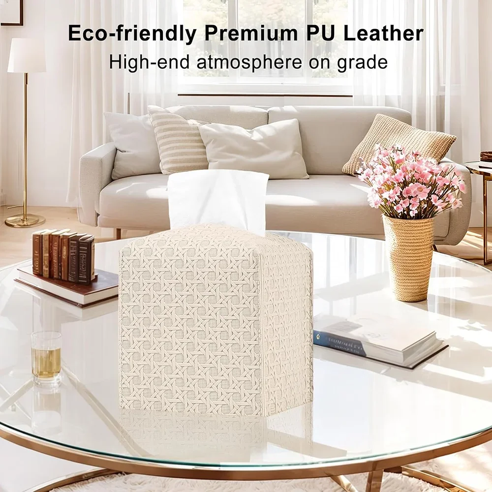 PU Leather Square Tissue Box Rattan Design Large-Capacity Drawer Box Supplies Foldable Tissue Box Cover for Home, Office, Car