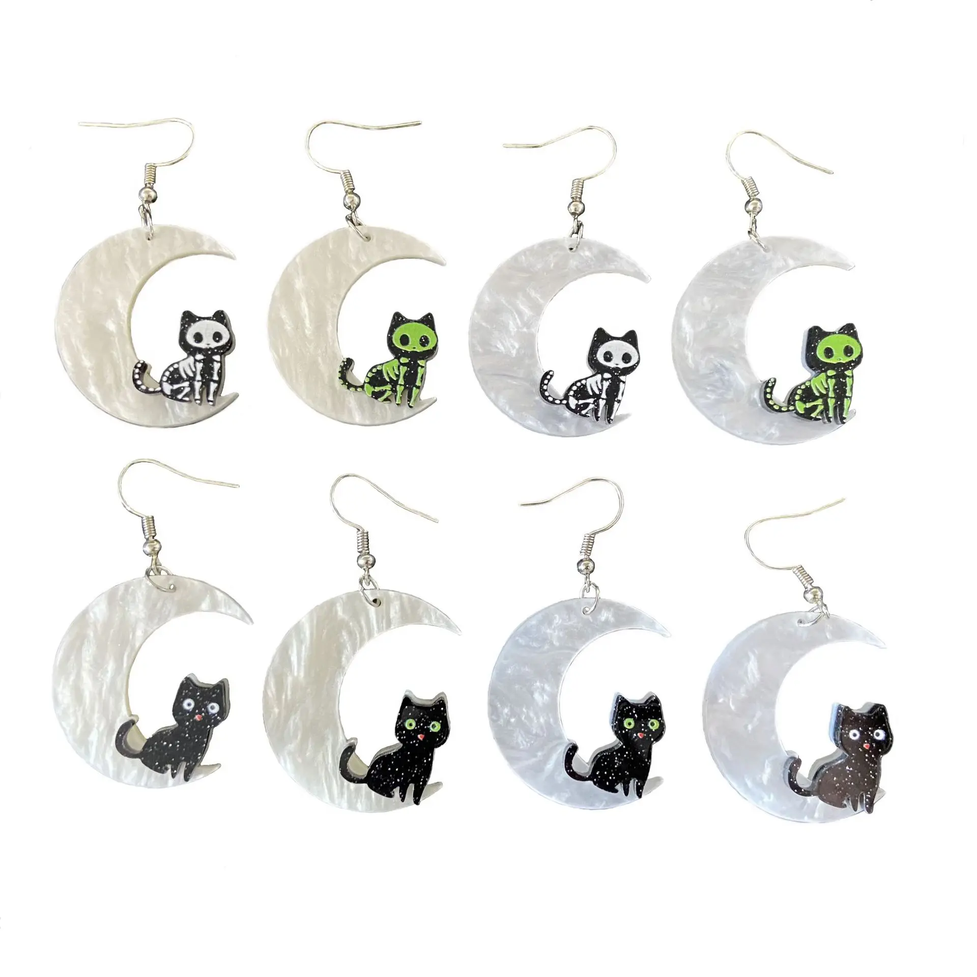 2 Pairs Acetate Acrylic Moon and Cat Halloween Dangle Earrings for Women Fall Festival Holiday Jewelry Gifts Wholesale