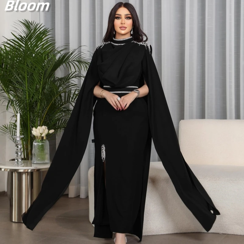 

BLOOM Prom Dresses Black O Neck Long Sleeves High Quality Satin Formal Occasion Gown robe de soirée femmes Ankle Length 롱 원피스