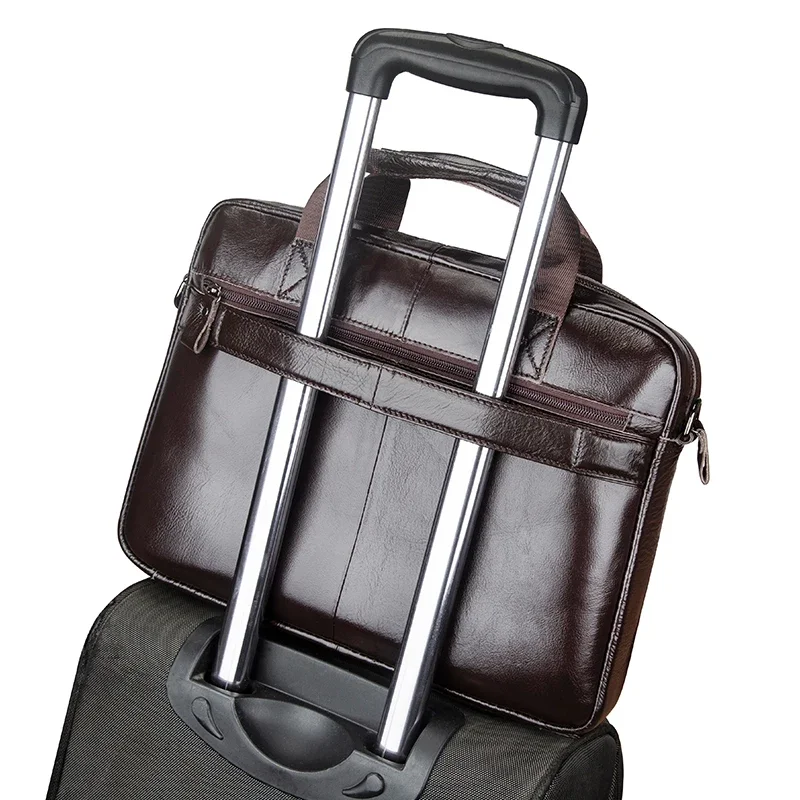 Genuine Leather Men's Briefcase with Double Front Pockets, Large Capacity Computer Bag, Diagonal Cross Handbag